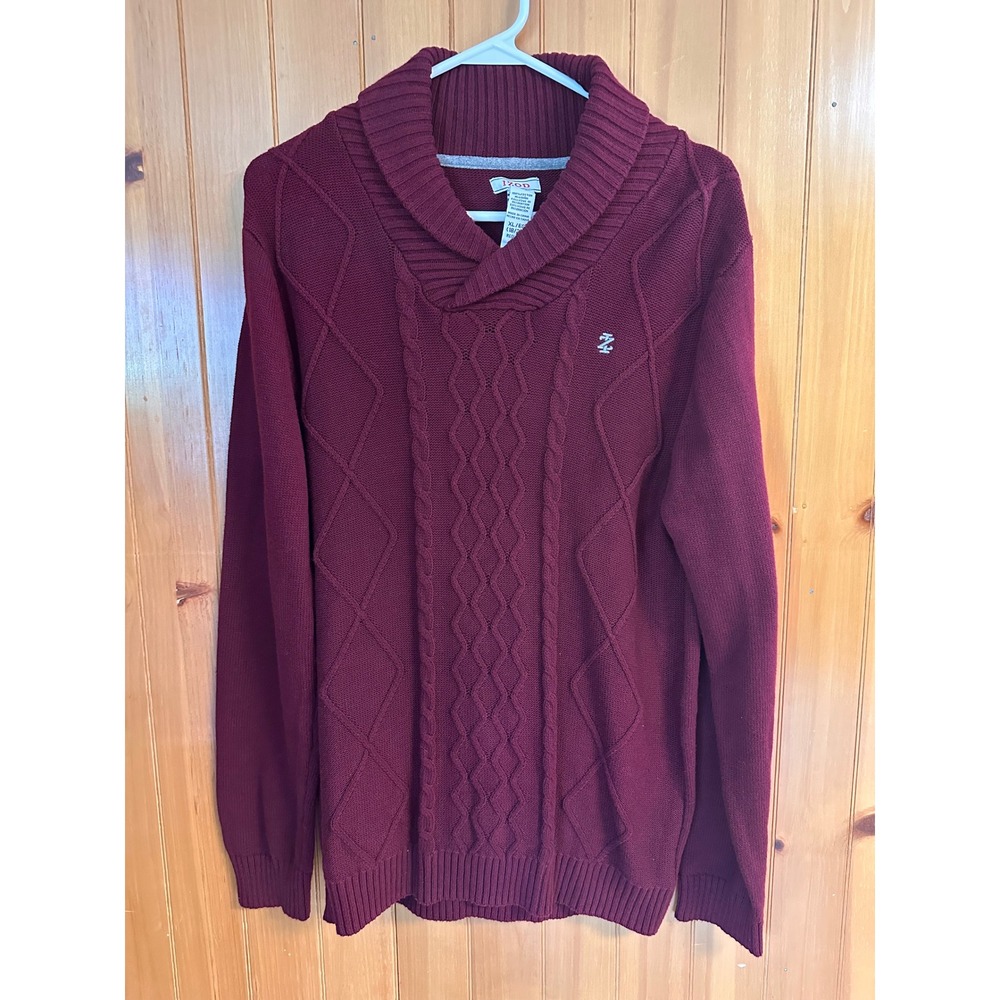 Izod Shawl Collar Cable Preppy Grandad Knit Sweater Burgundy  Cotton XL 18/20